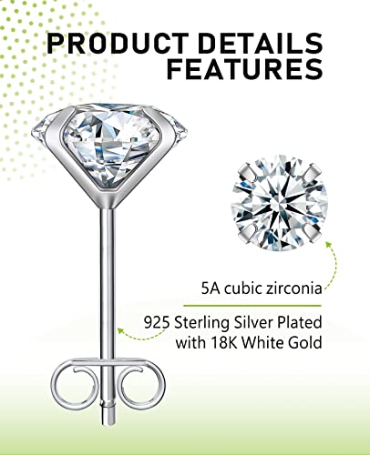 Earrings For Women, 8 Pairs Stud Earrings Set For Men Girl, Comoso 18K White Gold Plated S925 Sterling Silver Cubic Zirconia Earrings Studs 3-6Mm, Birthday Christmas Gift #TOP2