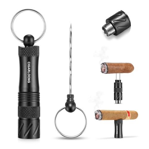 CLZOONG Cigar Punch 4-in-1 Cigar Draw Enhancer Tool with Sharp Drill, Holder, Twin Needle, and Key Chain, Portable Smoking Accessories, Great Gift for Men (Black)