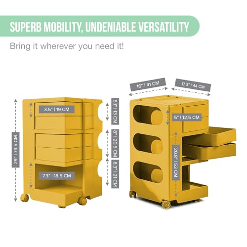 Multipurpose Utility Storage Cart - ABS Plastic Storage Caddy with Wheels and Slide Out Drawers - Professional Trolley Cart - Mobile Caddy for Salon Supplies, Kitchen Needs, Medical Tools - Mustard