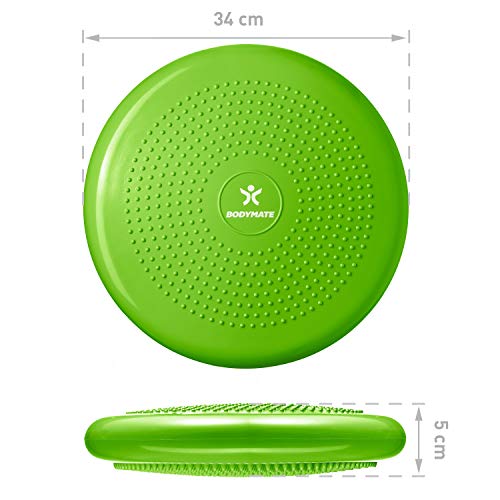 BODYMATE Ballsitzkissen inkl. Pumpe GRÜN 34cm Durchmesser - Balance-Kissen, Luftkissen, Balance Pad, Noppenkissen - Core-, Fitness-, Reha-, Koordinations- und Rückentraining