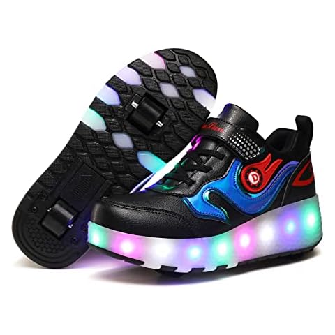 Super kids Boys Girls Roller Skate Shoes Kids 7 Colors LED Light up Shoes with Wheels USB Charging Luminous Trainers Double Wheel Inline Skates Outdoor Gymnastics Skateboard Sneakers, Black E66, 4 UK Cover