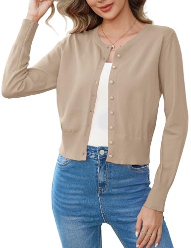 Aottori Bolero Mujer Fiesta Cardigan Corta Chaqueta Elegante Manga Larga Cuello Redondo Sólido Abrigo de Punto con Botones para Primavera Verano Beige S