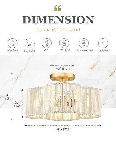Image of Rattan Light Fixtures Ceiling Mount, 4-Light 14 inch Boho Semi Flush Mount Ceiling Light with White Hand-Woven Shade in Quatrefoil Shape for Kitchen Nursery Bedroom, Gold, AD-22007-4SF-RA-WH