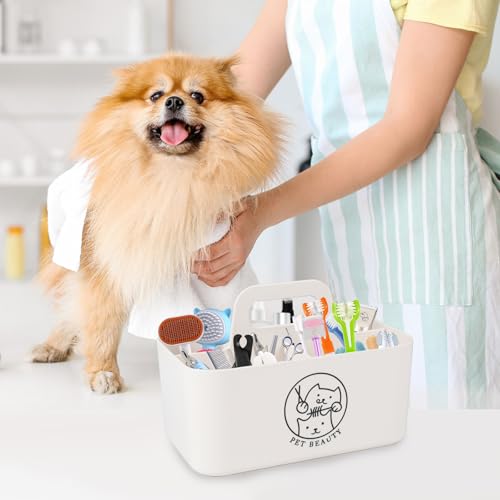 Minimalist White Dog Cat Grooming Supplies Organizer, Portable Caddy with 5 Compartments - Image 3