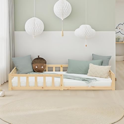 Homestyle4u Bodenbett 90x200 Natur Montessori Kinderbett mit Rausfallschutz Lattenrost Kinder Holzbett