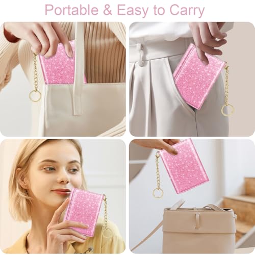 Image of Trifold Small RFID Blocking Wallet Pocket Cute Short Slim Sparkling Credit Card Holder Leather Keychain Ladies Mini Purse with ID Window, Glitter Peach