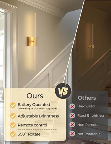 Image of DORESshop Battery Operated Wall Sconces Set of 2, Dimmable Battery Wall Sconce with Remote Control, Gold 350Rotate Rechargeable Sconces, 28.1 Inch Wireless Wall Lights for Bedroom, Living Room