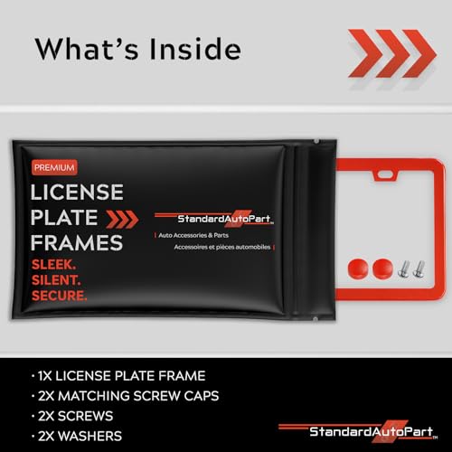 Image of Premium Slim Red License Plate Frame - 1 Piece, Rust-Free Stainless Steel & Rattle-Free, Street Legal, Universal with Screw Caps, Thin Edged Metal Front or Rear Car Tag Holder Unisex