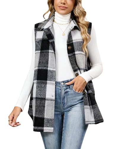 UANEO Womens Fall Flannel Plaid Vest Button Down Sleeveless Shirt