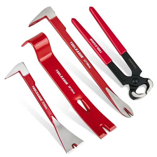 Image of TOOLEAGUE 4 Pcs Pry Bar Set, Utility Wonder Crowbar,Woodworking Tools | 12 inch & 8 inch Cats Paw Nail Puller,10 inch Flat Claw Pry Bar,8-inch End Cutting Plier for Prying, Scraping, Lifting, Pulling