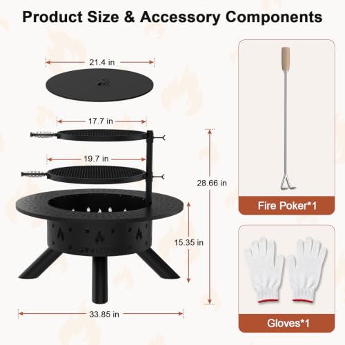 Leteuke Fire Pit for Outside Wood Burning with 2 Grills Cooking Grate | Outdoor Fire Pits Table with Poker and Lids, Convert to BBQ Grill,Round Metal Table,Bonfire for Camping Patio Picnic - image 4