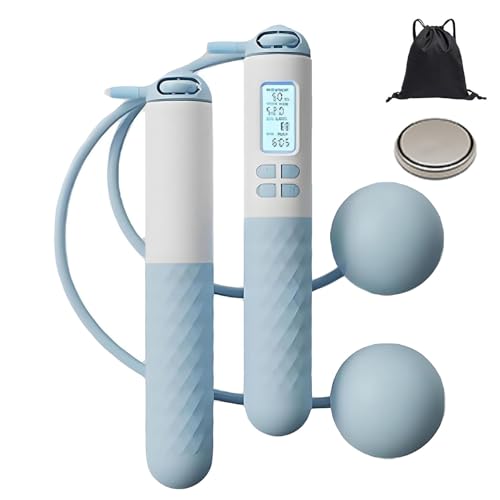 Skipping Rope with Counter, Ball With/Without Rop, Gravity Ball Jump Rope, Cordless Jump Rope, Weighted Jump Rope With Counter for Adult Fitness, Exercise, At Home Workout Jump Rope (blue and white)