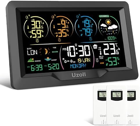 Uzoli EM3390 Wetterstation funk mit 3 Außensensoren, Funkuhr | Wettervorhersage, Temperatur-/Feuchtigkeitsalarm, Luftdruckanzeige, Schimmelwarnung, Sonnenaufgangszeit, Mondphase, G