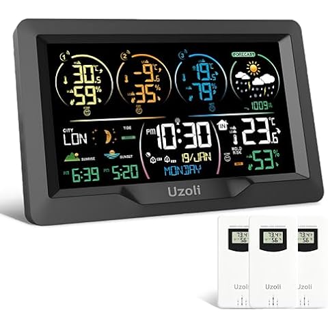 Uzoli EM3390 7.5" Weather Station, Weather Station Wireless Indoor Outdoor Thermometer, Digital Weather Stations 3 Sensors with Atomic Clock, Barometer, Moon Phase, Large Screen Monitor for Home Use Cover