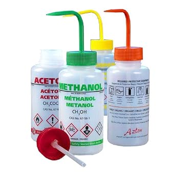 Globe Scientific WGW538VTML-GHS GHS Compliant LDPE Wash Bottle, Methanol, 500mL Capacity, Safety Vented, Green Screwcap, Pack of 5