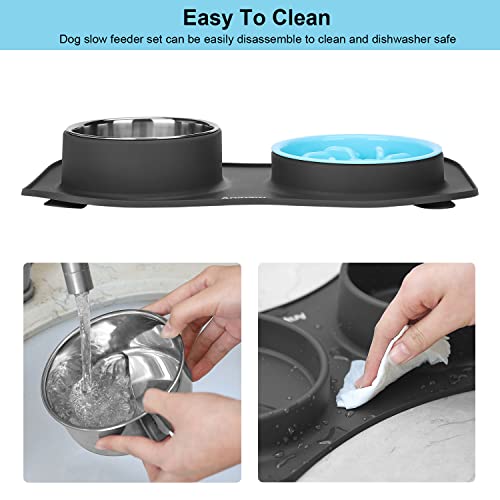 Anipaw Slow Feeder Dog Bowls 3 In 1 Stainless Steel Dog Food And Water Bowls With Non-Spill Non-Skid Silicone Mat To Slow Down Eating For Large Medium Small Breed Size Dogs And Cats #TOP5