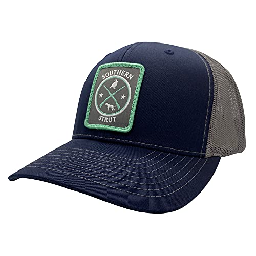 SOUTHERN STRUT Adjustable Trucker Mesh Back 6 Panel Patch Cap Hat (Navy Charcoal – Quail Pointer Patch)