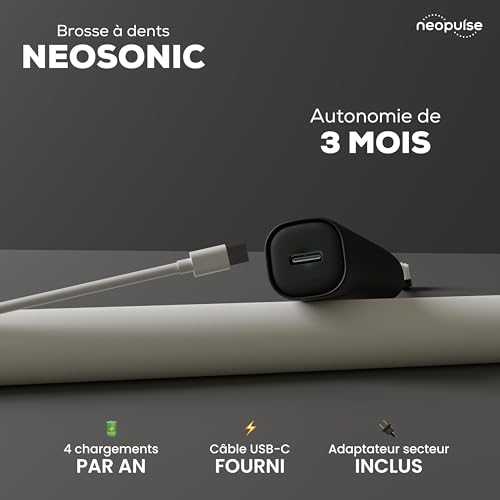 NEOPULSE® - Neosonic® – Elektrische Zahnbürste mit Schalltechnologie + 2 Bürstenköpfe – wiederaufladbar mit USB-C – 3 Monate Akkulaufzeit – 15 Einstellungen – Timer – kompatibel mit Neokids – Schwarz – Bild 5