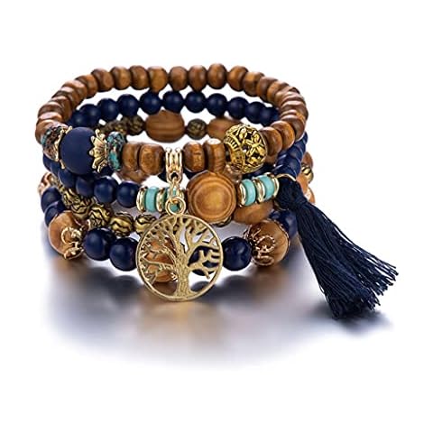 Branets Bohemian Wood Beaded Bracelets Set Multilayer Stretch Tassel Bracelets Tree of Life Charm Bangles Jewelry for Women and Girls Cover