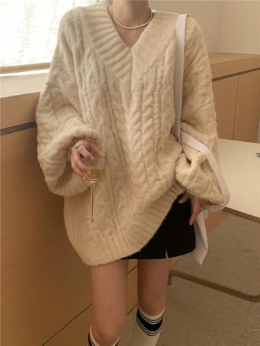 Image of Women's Y2K Oversized Chunky Cable Knit Sweater Casual Long Sleeves V Neck Pullover Tops