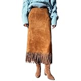 Women's Faux Suede Fringe Maxi Skirts, High Waisted Stretch Loose Skirt Fall Winter Fashion Clothes Brown