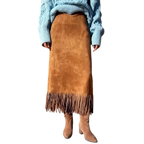 Women's Faux Suede Fringe Maxi Skirts, High Waisted Stretch Loose Skirt Fall Winter Fashion Clothes Brown