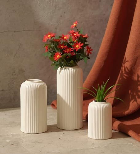 KREATIVE ART’S® White Flower Vase for Living Room | Ceramic Vase for Home Decor | Home Decoration Items for Living Room & Hall | White Ceramic Vase Set of 3