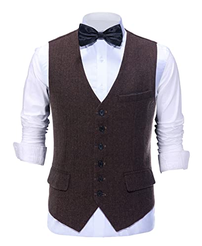 Tuikayoo Mens Herringbone Suits Vests Wool Business Tweed Retro Waistcoats Groomsman Slim Fit(Small, Coffee)3