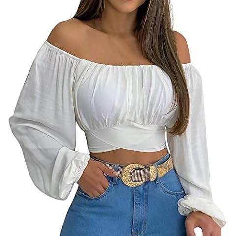 Top Corto con Hombros Descubiertos, Blusa Corta de Tubo con Manga Farol Larga Cover