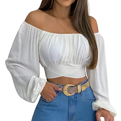 Damen Sommer Schulterfreie Crop Tops Rüschen Laterne Ärmel Krawatte...