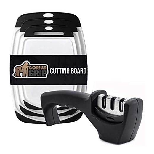 Gorilla Grip Cutting Board Set of 3 and Knife Sharpener, Both in Black Color, Cutting Boards are Dishwasher Safe, 2 Item Bundle