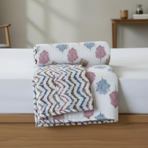 Image of HOMEMONDE 100% Cotton Reversible Dohar Double Bed Size | 300 TC AC Blanket Comforter | Soft Lightweight Bed Blanket Quilt | Premium Gift Box Included (84 x 94 Inch, Multicolor & White, Pack of 1)