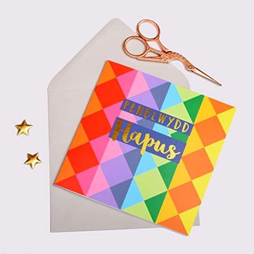Claire Giles Welsh Welsh Happy Birthday Greeting Card, Colour Diamonds, Text Foiled in Shiny Gold, Open, for Him, for Her, Friend, Mum, Dad, Son, Friend, Sister, Brother, Pen-blwydd Hapus, WCOL008