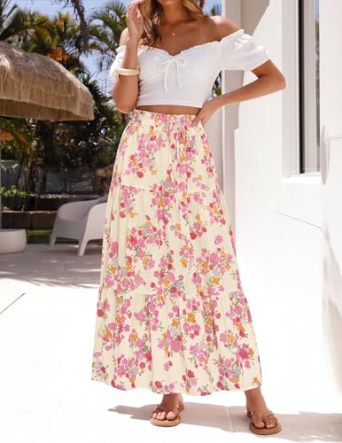 Image of ZESICA Women's 2026 Summer Bohemian Floral Printed Elastic Waist A Line Maxi Skirt with Pockets