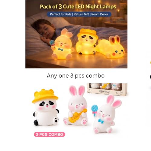 Image of Cute LED Night Lamp for Kids (Pack of 3) Panda & Bunny Toy Light | Baby Night Light | Return Gift, Birthday Gift, Room Decor Lamp | Soft Warm Glow | Battery Operated Mini Decorative Lamp