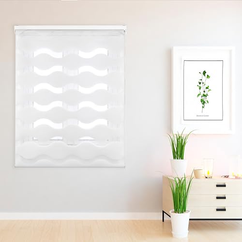 Blindecor Lira Wave Rollo Tag und Nacht Weiß Vorhang 160 x 180 cm (Breite x Höhe) Stoffgröße 157 x 175 cm Vorhänge Wellenschal Nacht und Tag Elegant