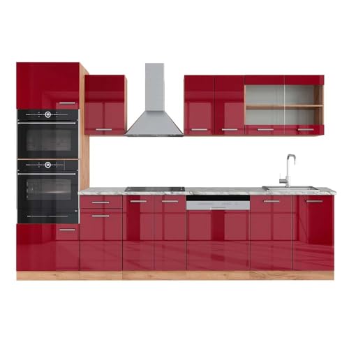 Vicco Küchenzeile R-Line, Rot Hochglanz/Goldkraft Eiche, 300 cm mit Hochschrank, AP Marmor, zur individuellen Erweiterung durch kompatible Zusatzmodule