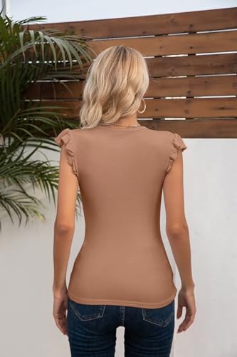 Image of VICHYIE Summer Women Ruffle Cap Sleeve Pretty Fitted Shirt | Ribbed Knit, Basic, Casual, Fashion Blouse, Solid Color