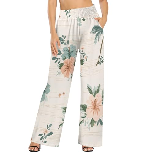 Women's Casual Floral Print High Waisted Wide Leg Pants Summer Vacation Elegant Loose Palazzo Pants with Pockets