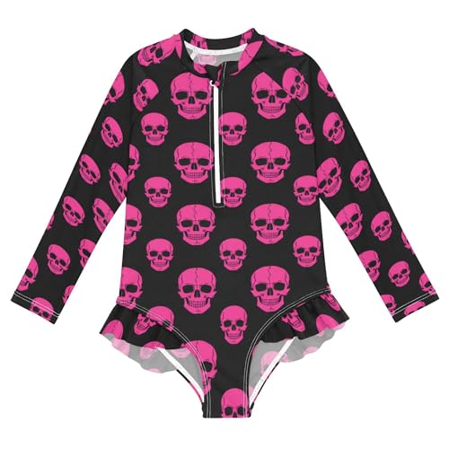 Skull Girls Long Sleeve Rashguard Swimsuit UV Protection One-Piece Swimwear Bathing Suit B0404406