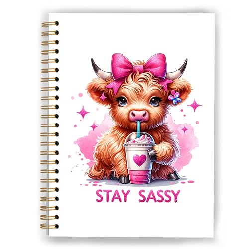 Idée cadeau femme : carnet de notes motif vache des Highlands mignonne à spirale et ruban rose