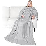 PAVILIA Wearable Blanket with Sleeves for Adults Women Men, Light Grey Fleece Soft Warm Full Body Wrap Throw, Front Pocket, Cozy Robe Blanket with Arm, Gifts for Christmas, Mom Wife