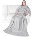PAVILIA Premium Fleece Blanket with Sleeves for Adult, Women, Men | Warm, Cozy, Extra Soft, Microplush, Functional, Lightweight Wearable Throw (Light Gray, Regular Pocket)