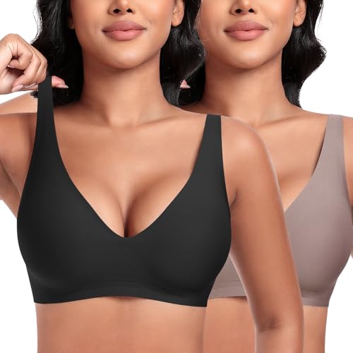 Image of DOCUMO Deep V Bras for Women No Underwire Comfort Wireless Bralettes Adjustable Sleep Seamless Plunge Bra with Bra Extender