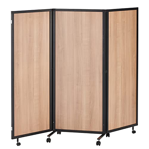 法人様向け オフィスコム スレディ 折りたたみパーテーション キャスター付き 3連 幅1800×高さ1400mm ブラックフレーム×ナチュラル木目 THREDY-14-BKNA