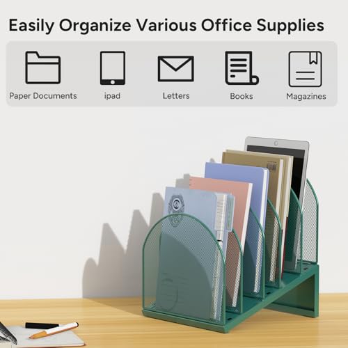Image of File Organizer for Desk, File Folder Organizer with 5-Section Vertical Rack, Suitable for Home Office Document Organization and Storage (Green)