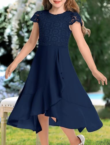 HOSIKA Girls Vintage Lace Chiffon Ruffle Sleeve A-Line Wedding Party Junior Bridesmaid Dress for Kids 6-12 Years3