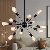 Sputnik Chandeliers Black, Modern 12-Light Farmhouse Pendant Light Mid Century Starburst Lighting Vintage Industrial Ceiling Hanging for Living Dining Room, Bedroom, Kitchen Island, Foyer, Hallway