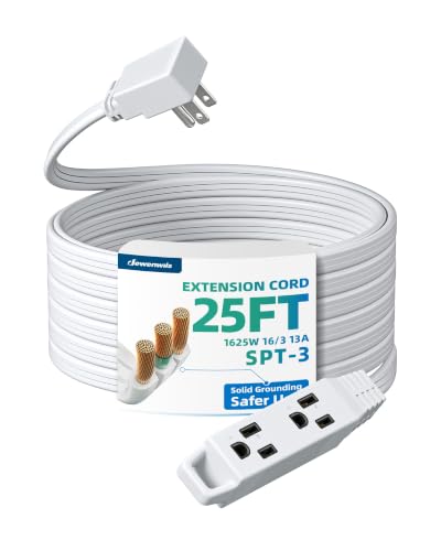DEWENWILS 3 Outlet Extension Cord with Flat Plug 25 FT 16/3 Awg Grounded Power Cable for Indoor Use SPT-3 Cord White ETL Listed 1 Pack