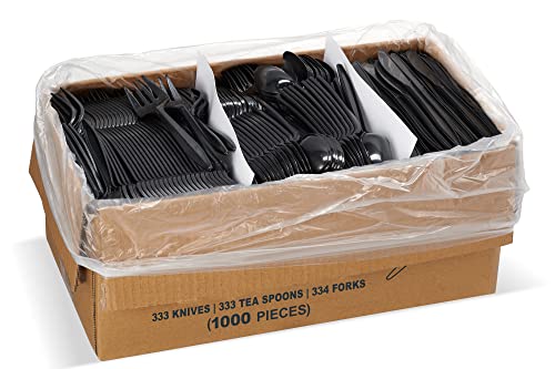 1,000 Plastic Disposable Cutlery Bulk Variety Pack Black Medium Weight Includes 334 forks, 333 knives, 333 soup spoons, Disposable Silverware Plastic Cutlery